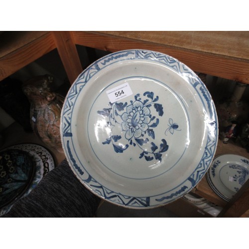 554 - Three 18th Century Chinese blue and white plates, together with a blue and white tin glazed plate, 2... 