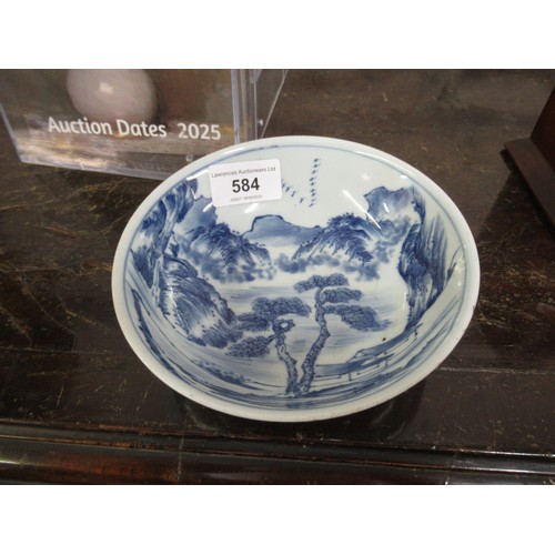584 - Chinese blue and white shallow bowl decorated with a river landscape, 14.5cm diameter