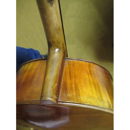 188 - Student's three quarter size cello, bearing a handwritten label ' Made by Gualang Wang ', in soft ca... 