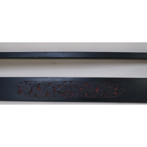 35 - Unusual Japanese floral carved fretwork textile / tapestry holder, 78cm wide