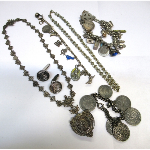740 - Heavy silver charm bracelet, two other charm bracelets, Victorian silver pendant locket, pair of sil... 
