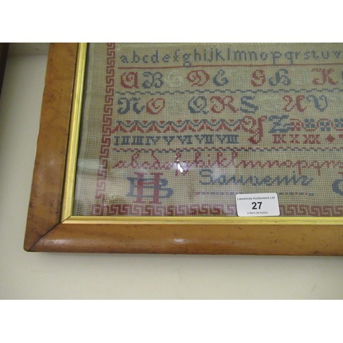 27 - William IV needlework sampler of alphabet and numerical design, signed with the initials H.B. and N.... 