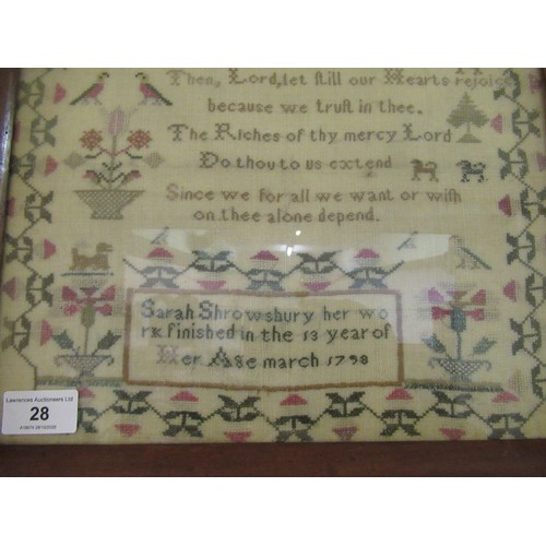 28 - George III needlework sampler, worked with verses 20 and 21 of the 33rd Psalm, within a floral and s... 