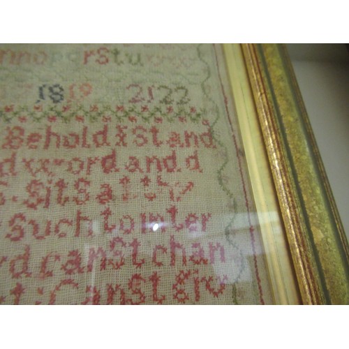 29 - Victorian needlework sampler of alphabet and motto design, signed Mary Cittins? aged 9, 1854, 35 x 2... 