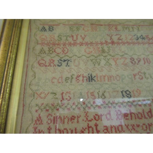 29 - Victorian needlework sampler of alphabet and motto design, signed Mary Cittins? aged 9, 1854, 35 x 2... 
