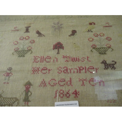 31 - Victorian needlework sampler of pictorial, motto, alphabet and numerical design, signed Ellen Twist,... 