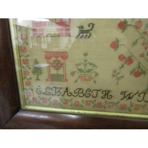 33 - Early Victorian needlepoint sampler worked with a memorial poem, stylised flowers and buildings, sig... 