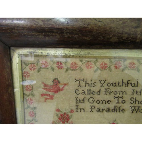 33 - Early Victorian needlepoint sampler worked with a memorial poem, stylised flowers and buildings, sig... 