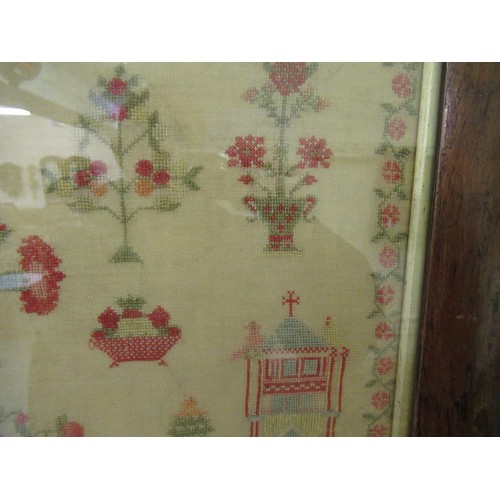 33 - Early Victorian needlepoint sampler worked with a memorial poem, stylised flowers and buildings, sig... 