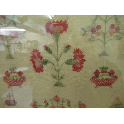 33 - Early Victorian needlepoint sampler worked with a memorial poem, stylised flowers and buildings, sig... 
