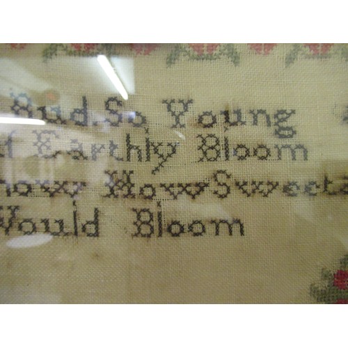 33 - Early Victorian needlepoint sampler worked with a memorial poem, stylised flowers and buildings, sig... 