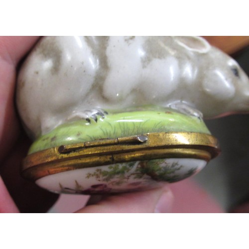 475 - 19th Century Continental porcelain and enamel snuff or sweetmeat box in the form of a mouse or rat, ... 