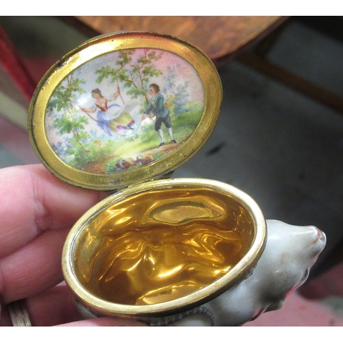 475 - 19th Century Continental porcelain and enamel snuff or sweetmeat box in the form of a mouse or rat, ... 