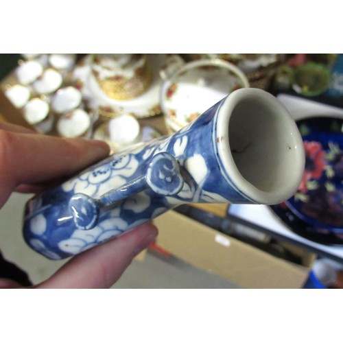 477 - Pair of small 19th Century Chinese blue and white prunus blossom moon flasks, each with a four chara... 