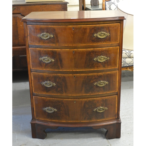 1883 - Edwardian mahogany satinwood banded bow front chest of four long drawers with cast brass handles rai... 