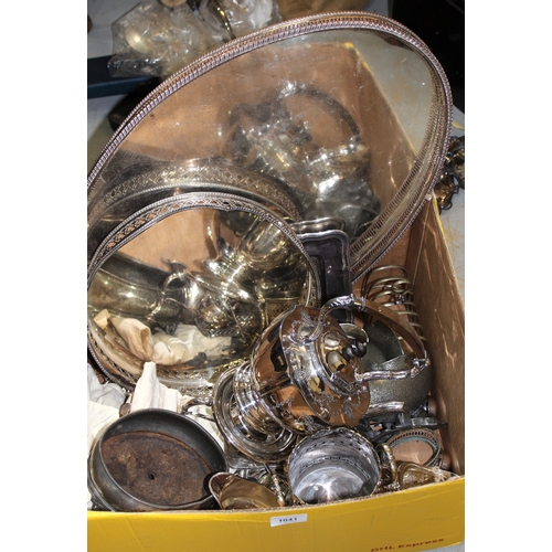 1041 - Large oval plated galleried tray, plated spirit kettle on stand, bottle stand and other miscellaneou... 