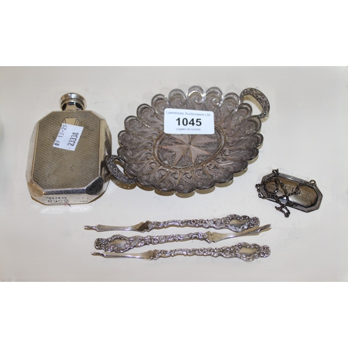 1045 - Sheffield silver sherry label, plated hip flask with engine turned decoration, oval filigree work tw... 
