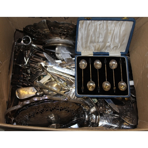 1048 - Cased set of six silver coffee bean handled coffee spoons, together with a quantity of plated flatwa... 