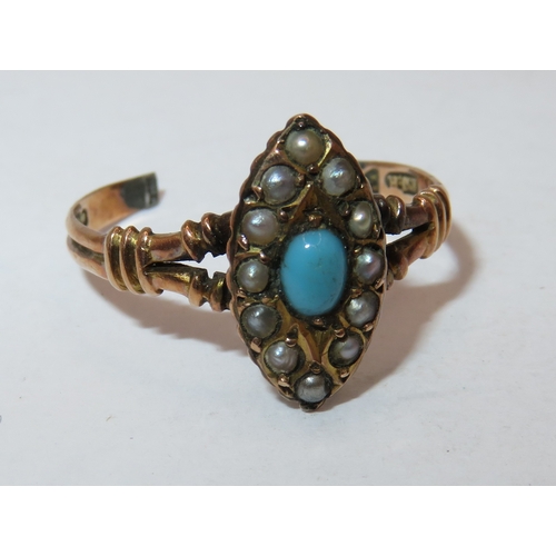 1124 - Antique 9ct gold ring set turquoise and seed pearls (shank cut)