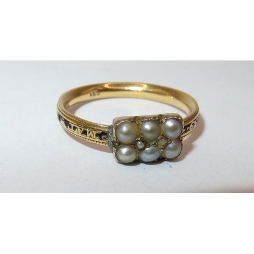 1130 - Antique high carat memorial ring set six split pearls, size O, 3.6g