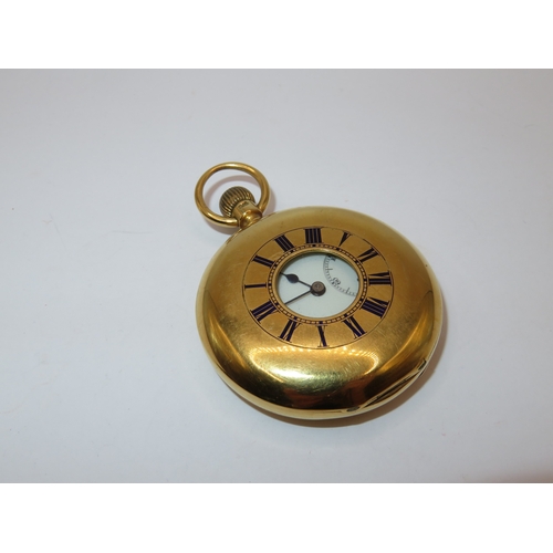 1174 - JW Benson 18ct gold half Hunter pocket watch with crown wind movement, the enamel dial with Roman nu... 