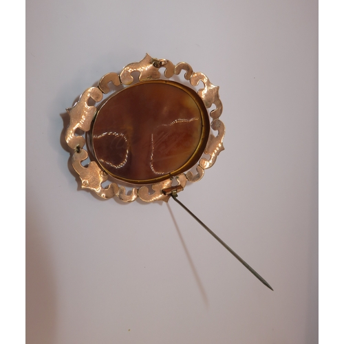 1219 - Large 19th Century 9ct gold mounted carved shell cameo portrait brooch, the cameo 55 x 43mm