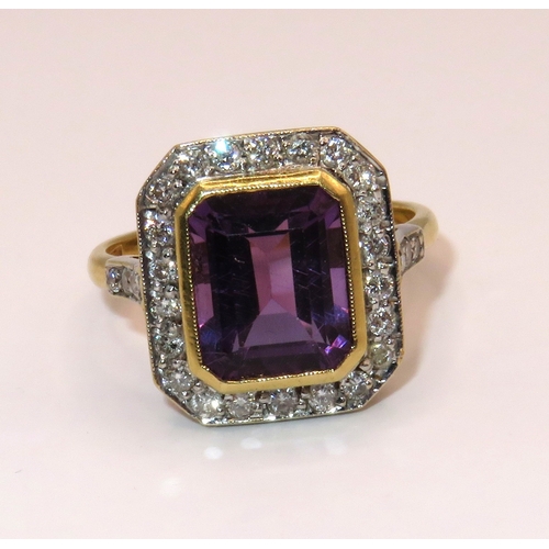 1224 - 18ct Yellow gold rectangular amethyst and diamond cluster, size Q, 5.3g