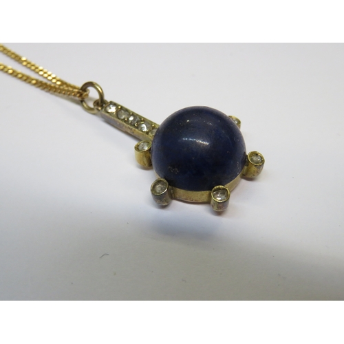 1250D - Unmarked yellow metal lapis lazuli and rose cut diamond set pendant on 9ct Gold chain, the chain 2.5... 