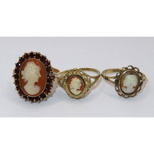 1263 - Group of three 9ct gold cameo set dress rings, gross weight, 7.4g