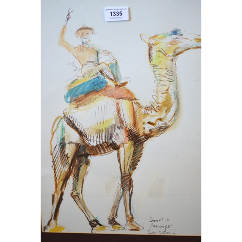 1335 - Linda Kitson, ink and watercolour, study of a camel and rider, 42 x 29cm, together with another moun... 