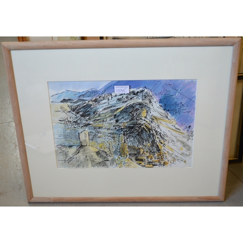 1335 - Linda Kitson, ink and watercolour, study of a camel and rider, 42 x 29cm, together with another moun... 