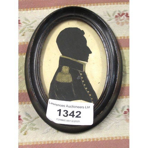 1342 - 19th Century oval gilt highlighted silhouette of a military officer in uniform in an ebonised frame,... 