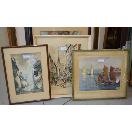 1344 - Watercolour, study of sailing boats off a coastline, together with various other watercolours, possi... 