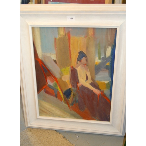 Attributed to Jean Rees, oil on board, abstract, interior scene with ...