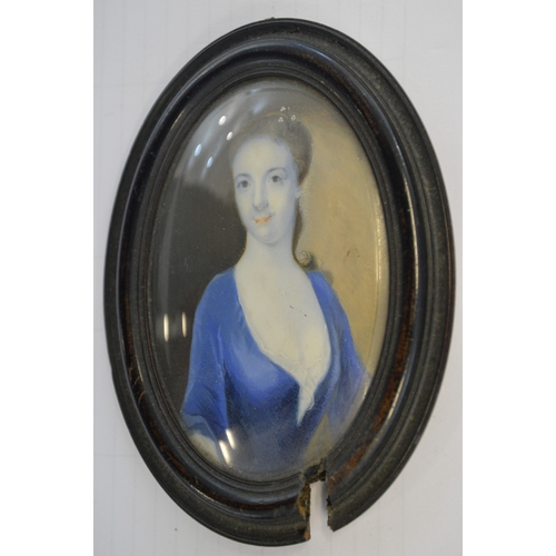 1407 - 19th Century watercolour portrait miniature on ivory, portrait of a lady wearing a feather trimmed b... 