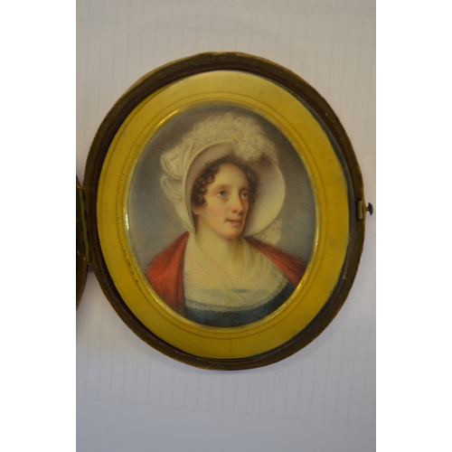 1407 - 19th Century watercolour portrait miniature on ivory, portrait of a lady wearing a feather trimmed b... 
