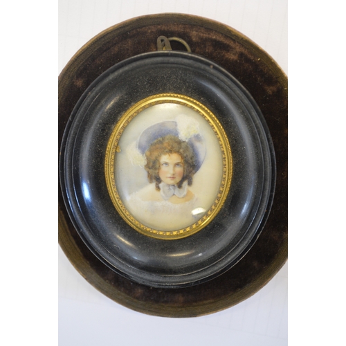 1407 - 19th Century watercolour portrait miniature on ivory, portrait of a lady wearing a feather trimmed b... 