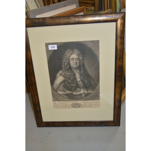 1429 - 18th Century engraving ' The Right Honorable Robert Eyre Lord Chief Justice ', later framed