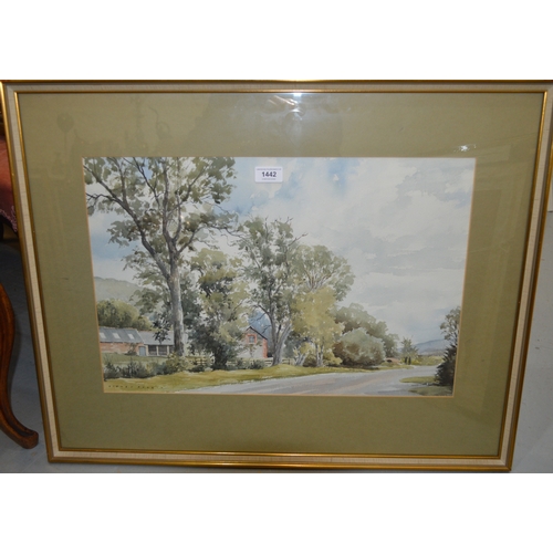 1442 - Sidney Perrin, wtarecolour, rural scene with figures and buildings, signed, 36 x 54cm, gilt framed