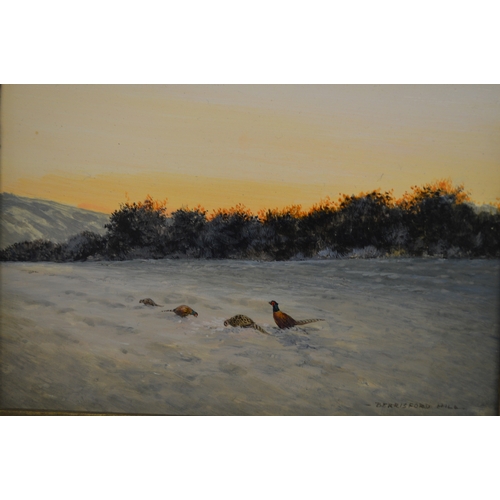 1477 - Berrisford Hill, pair of small oil paintings on board, ' Winter Wigeon ' and ' Pheasants Evening ', ... 