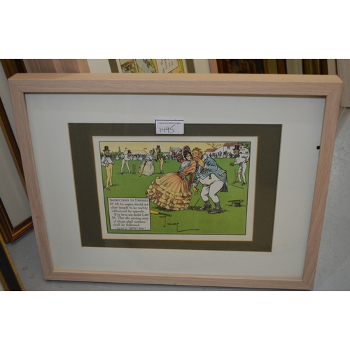 1495 - Set of five cricket related prints, after Crombie, 14.5 x 20.5 cm, in limed oak frame