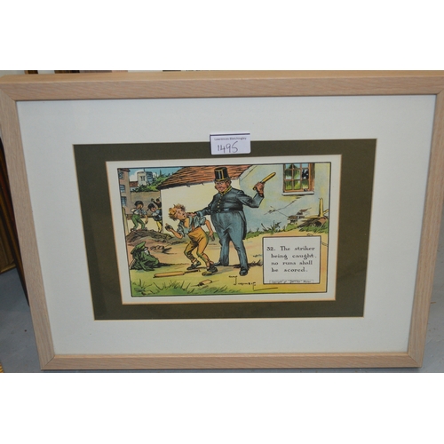 1495 - Set of five cricket related prints, after Crombie, 14.5 x 20.5 cm, in limed oak frame