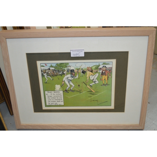 1495 - Set of five cricket related prints, after Crombie, 14.5 x 20.5 cm, in limed oak frame