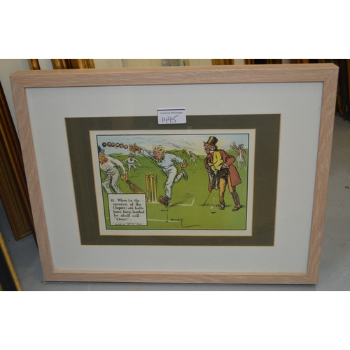 1495 - Set of five cricket related prints, after Crombie, 14.5 x 20.5 cm, in limed oak frame