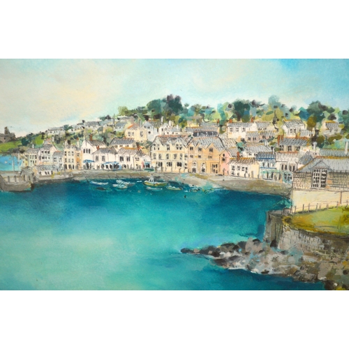 1496 - Katie Childs, watercolour and pencil, view of St Mawes Harbour, 18 x 27cm, signed, in a limed oak fr... 