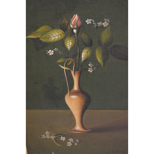 1498 - L. Metcalfe, pair of oil paintings on canvas, still life, flowers in vases on a table top, signed an... 