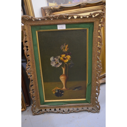 1498 - L. Metcalfe, pair of oil paintings on canvas, still life, flowers in vases on a table top, signed an... 