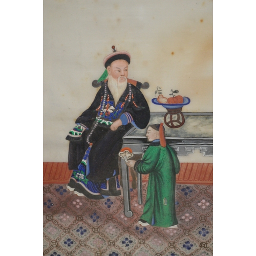 1499 - Chinese watercolour on rice paper, figures seated at a table with attendant, 32 x 20cm, framed