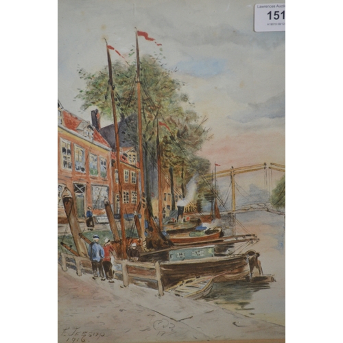 1513 - E. Jessup, watercolour, Dutch canal scene, together with an oil on board, view of Malcesine, Lake Ga... 