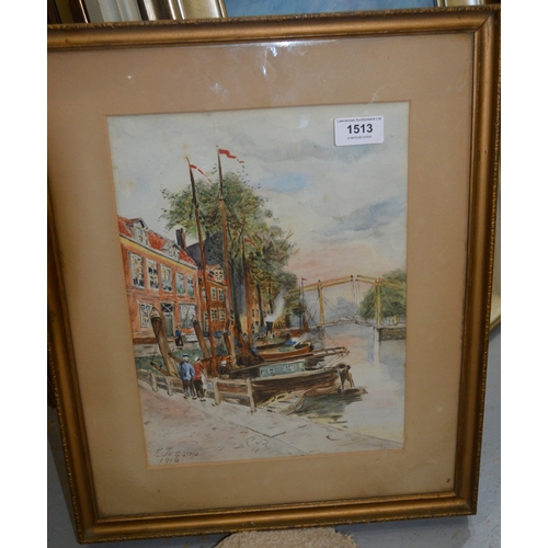 1513 - E. Jessup, watercolour, Dutch canal scene, together with an oil on board, view of Malcesine, Lake Ga... 